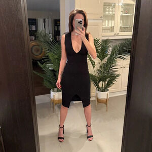 Black Plunge  V-Neck Dress with Open Back, Lac Bleu, US XS